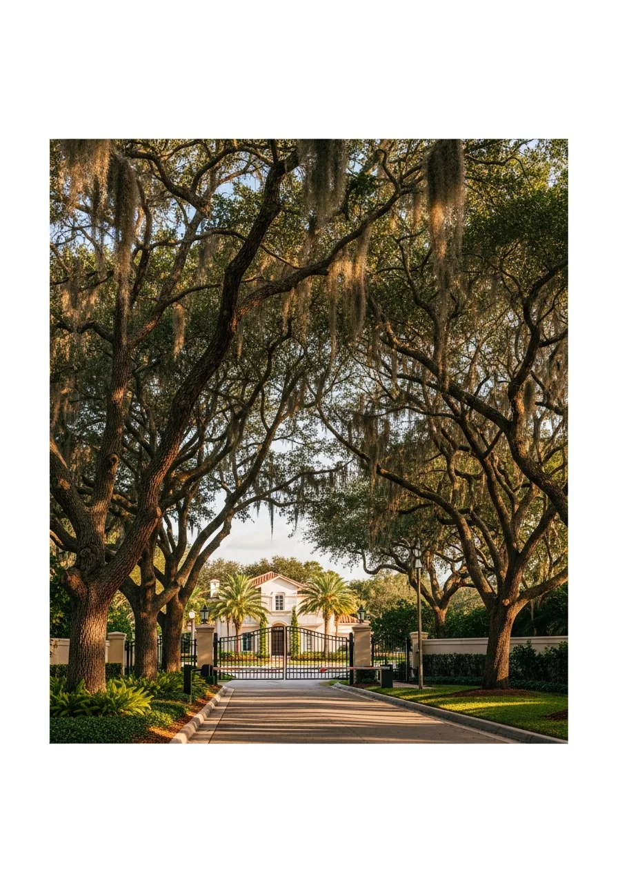 Pinecrest property entrance showing mature oak trees and upscale residential character.
