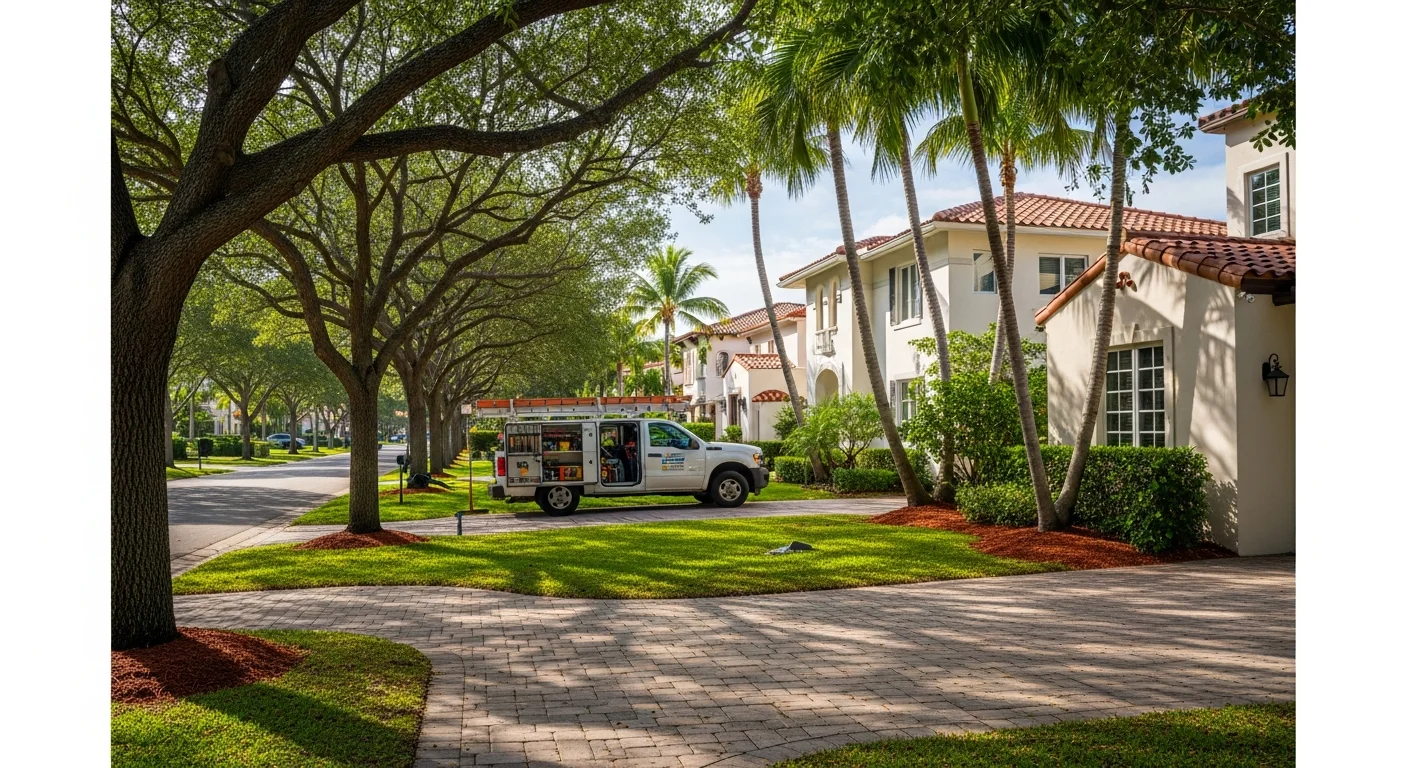 Tree-lined residential street in South Miami with well-maintained single-family homes and mature landscaping.