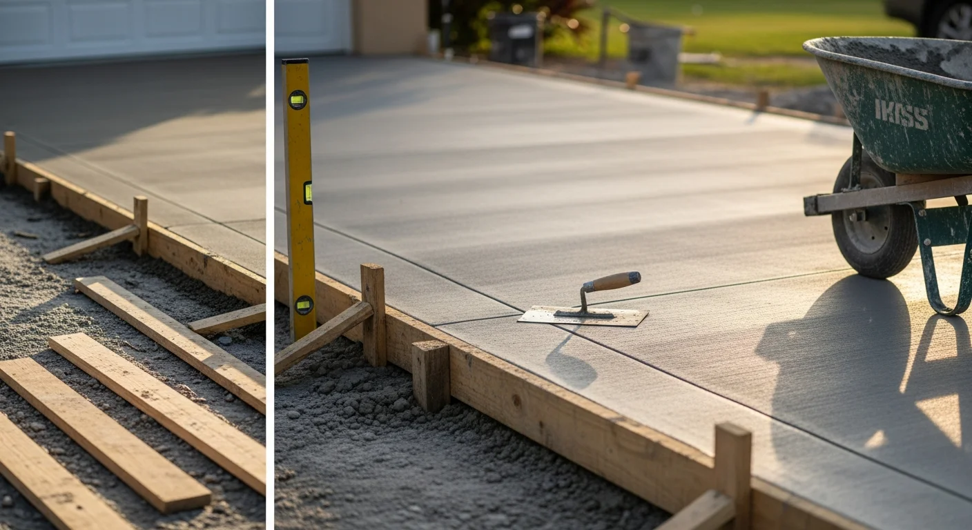 Freshly poured and finished concrete driveway at a residential property in South Miami, Florida. The smooth gray surface extends from the street to the garage with clean edges and a broom-finish texture.