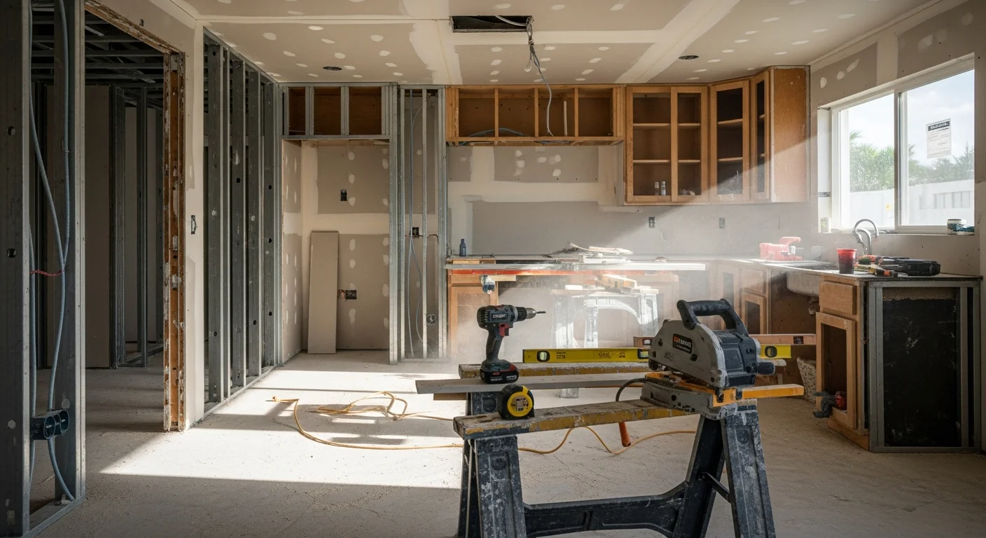 Remodeled interior of a South Miami single-family home showing an open kitchen with updated cabinetry, new flooring, and modern lighting. The space reflects a reconfigured layout suited to South Florida residential living.
