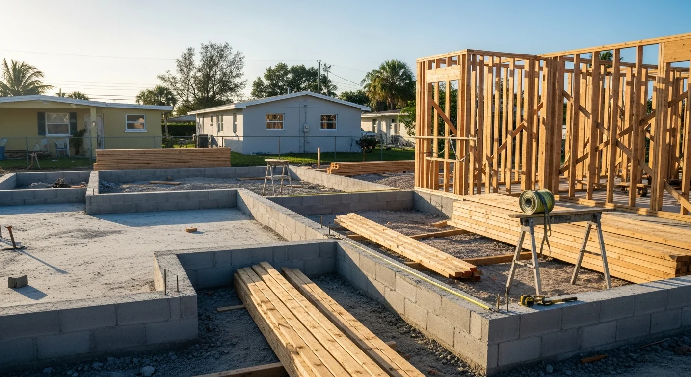 A newly constructed single-family home in South Miami with concrete block walls, a clean roofline, and a landscaped front yard on a residential street. The exterior shows finished stucco and impact-rated windows suited to South Florida's climate.