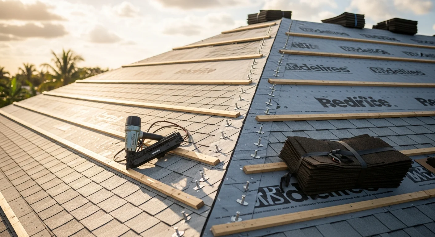 A newly installed residential roof on a single-family home in South Miami, showing clean roof lines and a completed hip roof structure under bright Florida sunlight. The finished system reflects a code-compliant installation suited to the area's High Velocity Hurricane Zone requirements.
